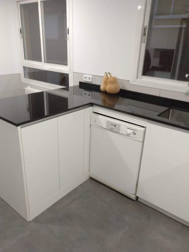 Cocina moderna con encimera negra, mueble blanco y lavavajillas integrado.